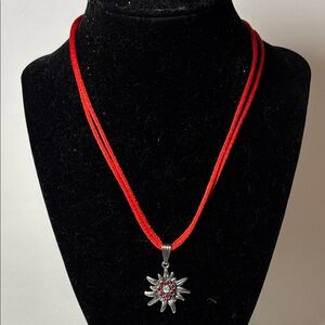 Silver Tone and Red  Rhinestone Sun Pendant Necklace on Red Double Cord 16”